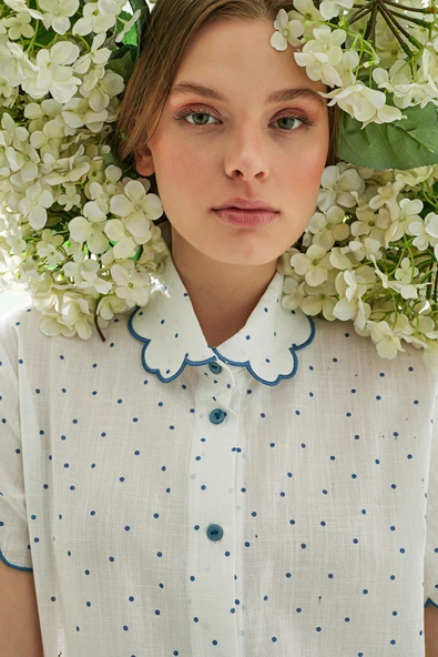 Mavi Puantiyeli Önden Düğmeli Pijama Takımı - 6