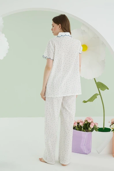 Mavi Puantiyeli Önden Düğmeli Pijama Takımı - 5