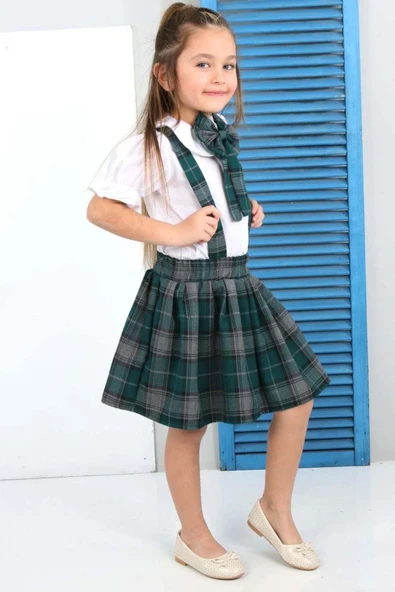 Kız Çocuk Kolları Fırfırlı Bebe Yaka Gömlek Üzeri Kare Çizgili Etekli Yeşil Salopet Takım - 8