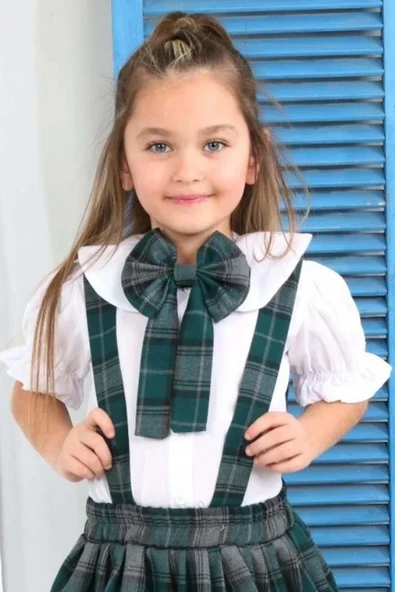 Kız Çocuk Kolları Fırfırlı Bebe Yaka Gömlek Üzeri Kare Çizgili Etekli Yeşil Salopet Takım - 11