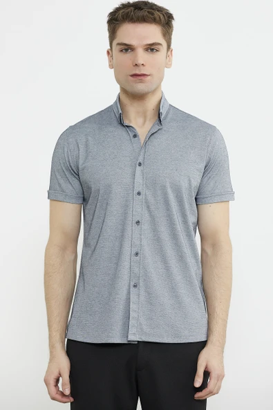 Kısa Kol Slim Fit Penye Gömlek - Gri - 4