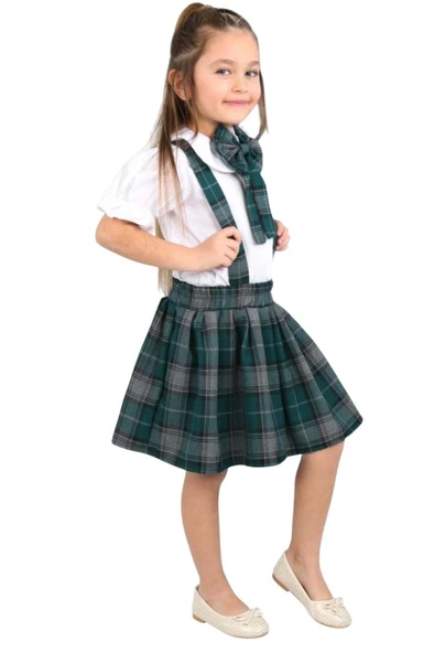 Kız Çocuk Kolları Fırfırlı Bebe Yaka Gömlek Üzeri Kare Çizgili Etekli Yeşil Salopet Takım - 5