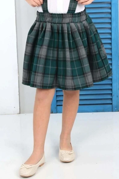 Kız Çocuk Kolları Fırfırlı Bebe Yaka Gömlek Üzeri Kare Çizgili Etekli Yeşil Salopet Takım - 12