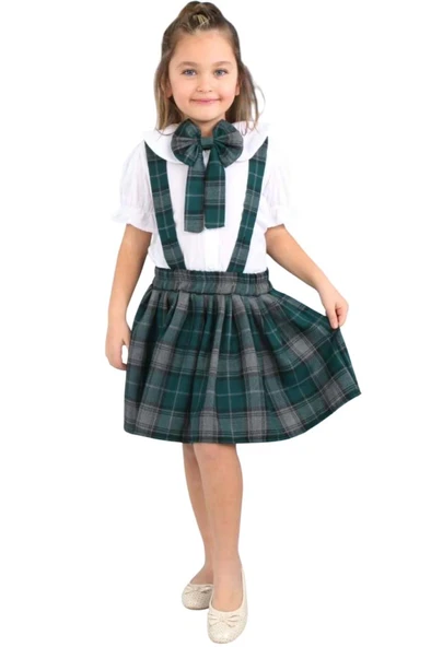 Kız Çocuk Kolları Fırfırlı Bebe Yaka Gömlek Üzeri Kare Çizgili Etekli Yeşil Salopet Takım - 6