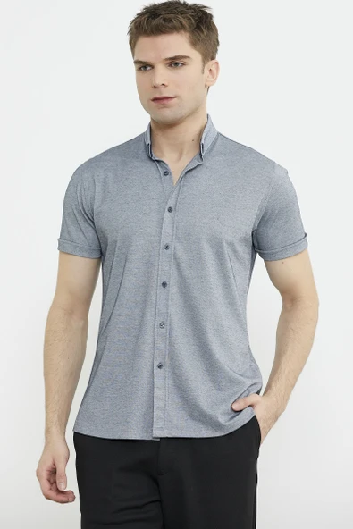 Kısa Kol Slim Fit Penye Gömlek - Gri - 2
