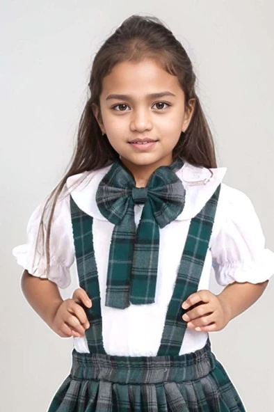 Kız Çocuk Kolları Fırfırlı Bebe Yaka Gömlek Üzeri Kare Çizgili Etekli Yeşil Salopet Takım - 3