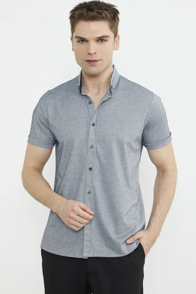 Kısa Kol Slim Fit Penye Gömlek - Gri