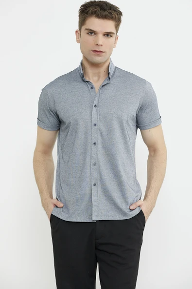 Kısa Kol Slim Fit Penye Gömlek - Gri - 3