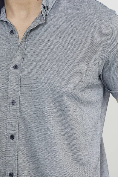 Kısa Kol Slim Fit Penye Gömlek - Gri - 5