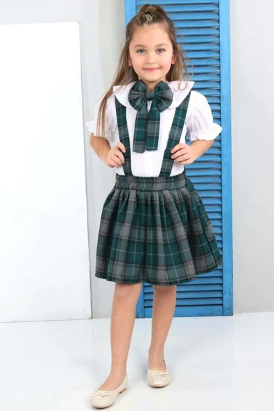 Kız Çocuk Kolları Fırfırlı Bebe Yaka Gömlek Üzeri Kare Çizgili Etekli Yeşil Salopet Takım - 7