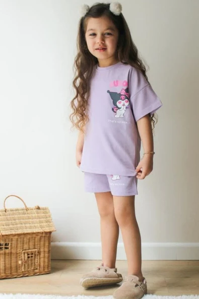 Lila Kuromi Kısa Kollu Şortlu Çizgi Karakter Baskılı Kız Çocuk 2li Takım ürün görseli 1