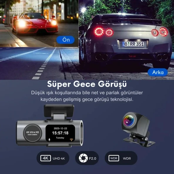 Coofbe GPS Mobil Uygulamalı 4K 170° Geniş Açı Gece Görüşlü Ön Arka Akıllı Araç İçi Kamera Park Modu G-sensor WiFi - 4