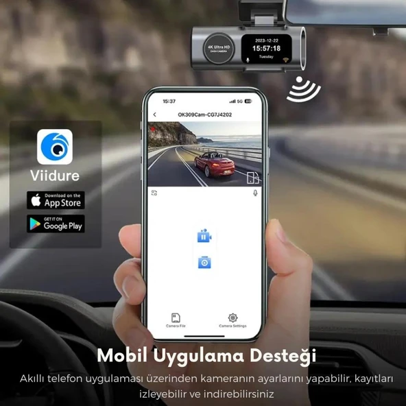 Coofbe GPS Mobil Uygulamalı 4K 170° Geniş Açı Gece Görüşlü Ön Arka Akıllı Araç İçi Kamera Park Modu G-sensor WiFi - 5