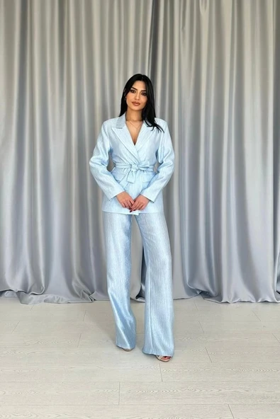 Mavi Beli Kuşaklı Ceket Ve Pantolon Parlak Takım - Resim 2