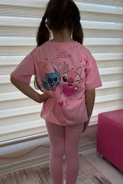Pembe Stitch Kısa Kollu Taytlı Çizgi Karakter Baskılı Kız Çocuk 2li Takım - 5