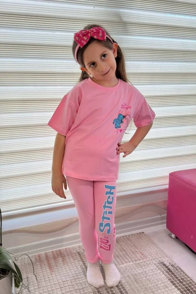 Pembe Stitch Kısa Kollu Taytlı Çizgi Karakter Baskılı Kız Çocuk 2li Takım - Resim 4