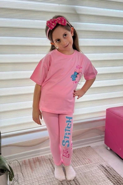 Pembe Stitch Kısa Kollu Taytlı Çizgi Karakter Baskılı Kız Çocuk 2li Takım - 3