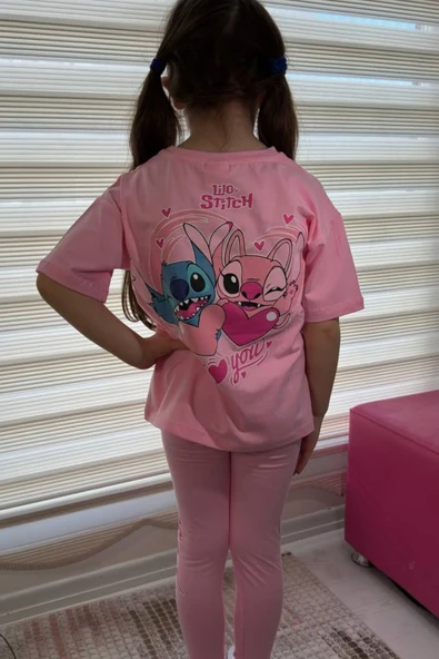 Pembe Stitch Kısa Kollu Taytlı Çizgi Karakter Baskılı Kız Çocuk 2li Takım - Resim 3