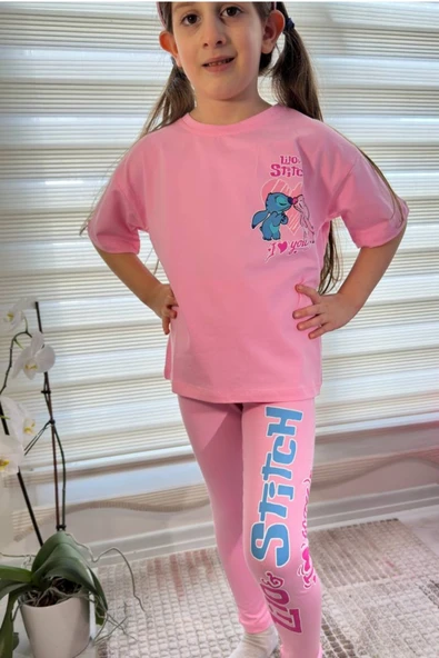 Pembe Stitch Kısa Kollu Taytlı Çizgi Karakter Baskılı Kız Çocuk 2li Takım - 4