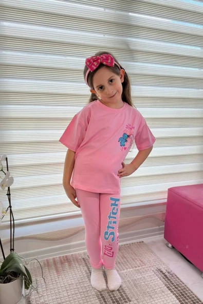 Pembe Stitch Kısa Kollu Taytlı Çizgi Karakter Baskılı Kız Çocuk 2li Takım - Resim 2