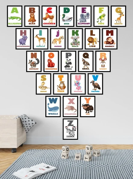 Mdf Tablo Hayvan Karakterli Renkli İngilizce 26 Harf 10x14 Cm Çerçeve Görünümlü Kreş Anaokulu Çocuk Odası Duvarı İçin Renkli Dekoratif Hediyelik 26 Parça