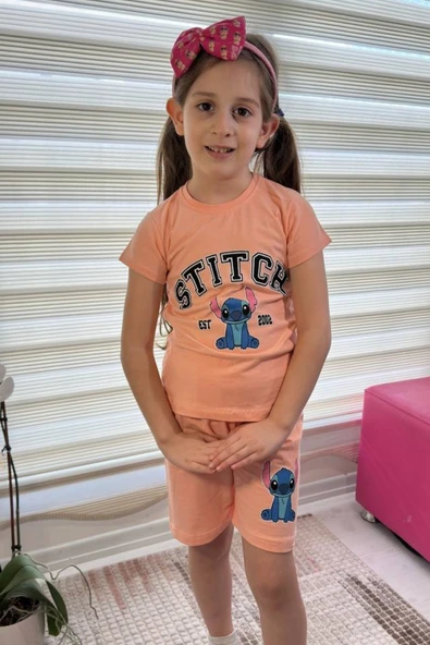 Somon Stitch Kısa Kollu Şortlu Çizgi Karakter Baskılı Kız Çocuk 2li Takım - 5