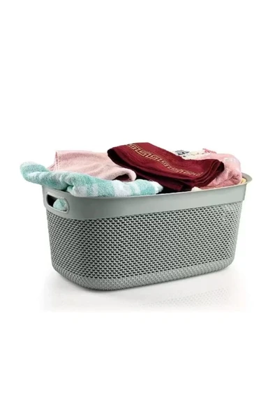 ÜÇSAN DAMLA DESEN  DİKDÖRTGEN KENARLARI TUTMALI GRİ ÇOK AMAÇLI SEPET 55X36X25 CM LİK 33 LT