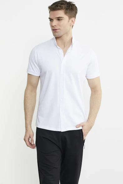 Kısa Kol Slim Fit Penye Gömlek - Beyaz - 4