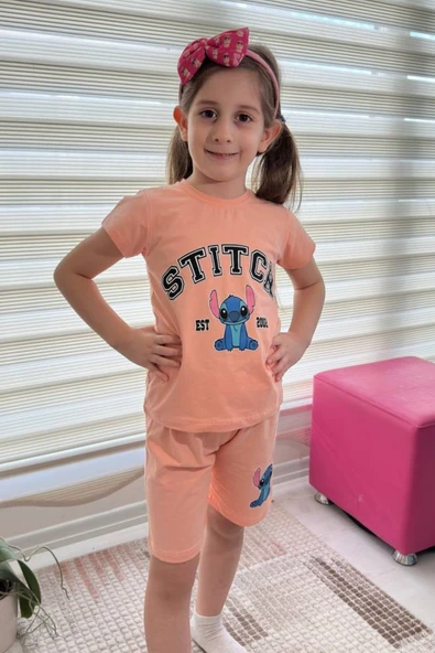 Somon Stitch Kısa Kollu Şortlu Çizgi Karakter Baskılı Kız Çocuk 2li Takım - 2