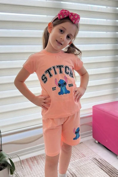 Somon Stitch Kısa Kollu Şortlu Çizgi Karakter Baskılı Kız Çocuk 2li Takım - 4