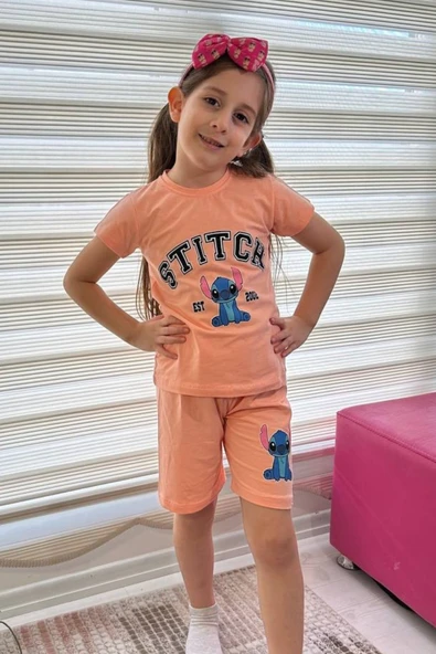 Somon Stitch Kısa Kollu Şortlu Çizgi Karakter Baskılı Kız Çocuk 2li Takım