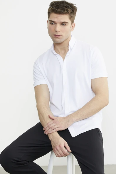 Kısa Kol Slim Fit Penye Gömlek - Beyaz - 3