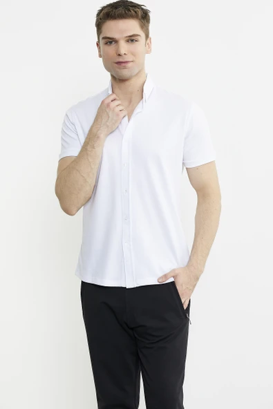 Kısa Kol Slim Fit Penye Gömlek - Beyaz - 2