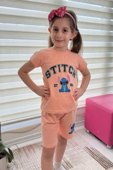 Somon Stitch Kısa Kollu Şortlu Çizgi Karakter Baskılı Kız Çocuk 2li Takım - 3