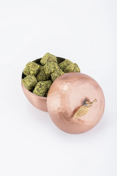 EL İŞİ BAKIR ŞEKERLİK LOKUMLUK ÇİKOLATA SUNUM ELMA MOTİF TÜRK KAHVE SUNUMLUK EL DÖVMESİ (ÇAP 8,5 CM)