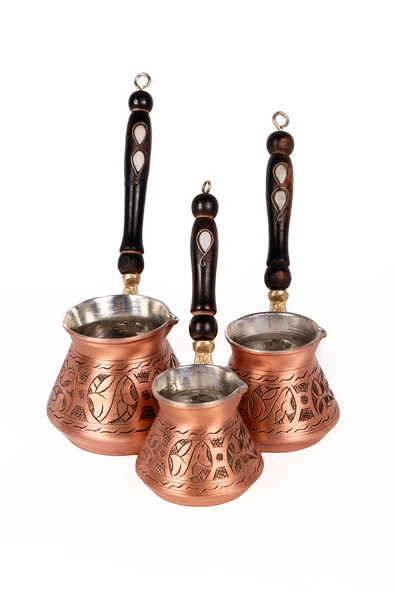 DMT Gaziantep Bakırdan El Ağır işlemeli Sedef işlemeli kulplu kahve cezve takımı (3’lü) - 2