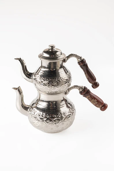 DMT Gaziantep Bakır Çaydanlık Takımı AĞIR EL ZIMBASI Alt:12 cm üst:8,5cm Toplam:1,3lt Ahşap kulp - 2