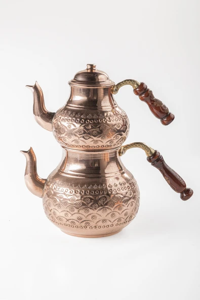 DMT Gaziantep Bakır Çaydanlık Takımı AĞIR EL ZIMBALI Alt:14,5cm üst:10,5cm Toplam:2,6 lt - 2