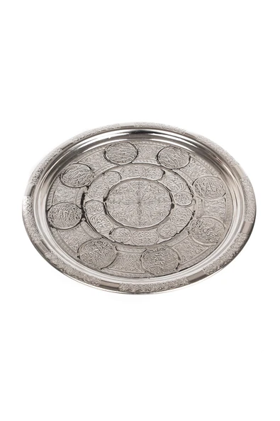 DMT Gaziantep Bakır servis tepsi gümüş nakışlı otantik motifli 32 cm - 2