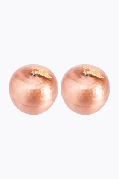 EL İŞİ BAKIR ŞEKERLİK LOKUMLUK TAKIMI 2 Lİ ELMA MOTİF TÜRK KAHVE SUNUMLUK EL DÖVMESİ  (ÇAP 8,5 CM)