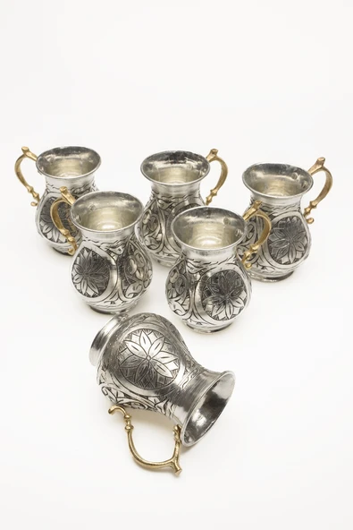 DMT Gaziantep Bakır El İşlemesi 6 Parça Su&Ayran Bardak Takımı Bardak Meşrubat Takımı 1mm - 2