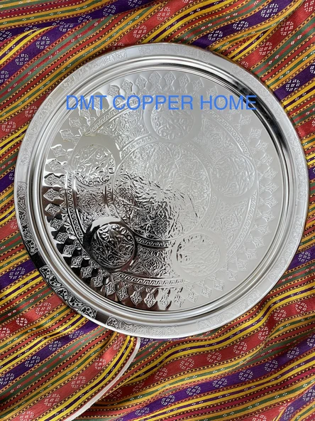 GAZİANTEP 34CM KROM NİKEL KAPLAMA 34CMSunum Servis Tepsisi OTANTİK Görünümlü(FİNCAN HEDİYELİ) - 2
