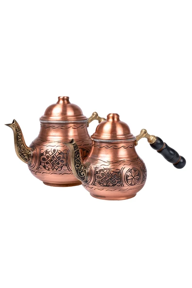 DMT Gaziantep Bakır Çaydanlık Takımı AĞIR İşlemeli Alt:12 cm üst:9cm Toplam:1,5lt Ahşap kulp - 2