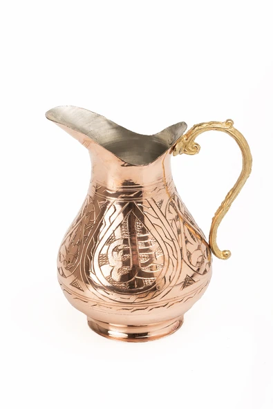 DMT Gaziantep Bakır El işlemeli Sürahi kalaylı yük:18 cm kalınlık:0,2mm 1 litre kapasiteli