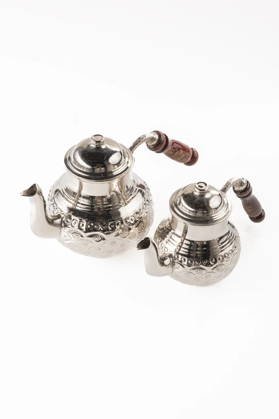 DMT Gaziantep Bakır Çaydanlık Takımı AĞIR EL ZIMBASI Alt:12 cm üst:8,5cm Toplam:1,3lt Ahşap kulp