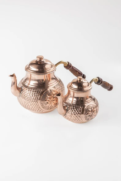 DMT Gaziantep Bakır Çaydanlık Takımı AĞIR EL KABARTMALI Alt:14,5cm üst:10,5cm Toplam:2,6 lt - 2