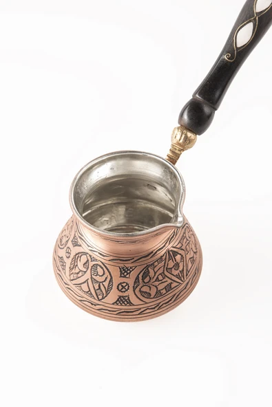 6 kişilik Gaziantep Bakırdan El Ağır İşlemeli Sedef kulplu Türk Kahve Cezvesi Kalay Kaplama - 4