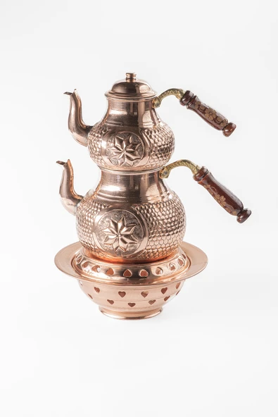 BÜYÜK BOY Gaziantep Bakır Çaydanlık Takımı ve Balkon Sefası Takımı Kabartmalı Yıldız İşlemeli