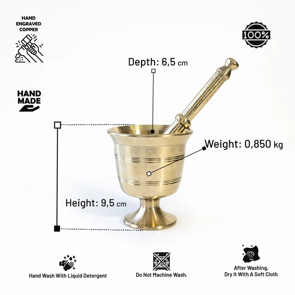 DMT Gaziantep Bakır Pirinç Döküm Havan eli kalınlık:0,6mm Ağız genişli 6,5cm Ağırlık:0,900gr - 4