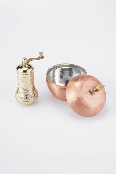 EL İŞİ BAKIR ELMA MOTİF TÜRK KAHVE SAKLAMA KABI EL DÖVMESİ (ÇAP 8,5 CM)KAHVE DEĞİRMENİ HEDİYELİ - 2